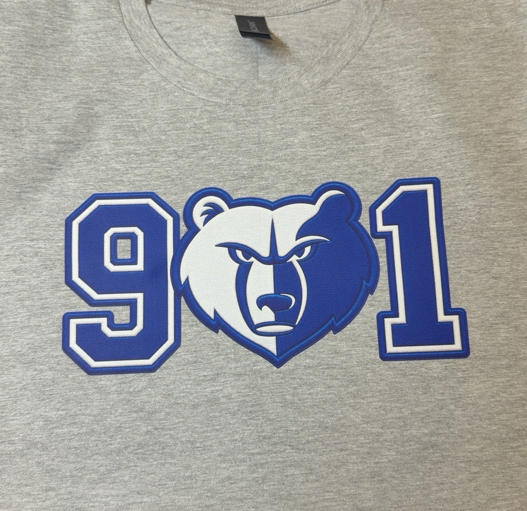 901 bear DTF transfer pressed on a Sport Grey T-shirt
