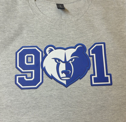 901 bear DTF transfer pressed on a Sport Grey T-shirt